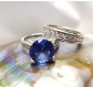 IWomen's Lover's ring two pcs. couple ring blue stone silver tone ring